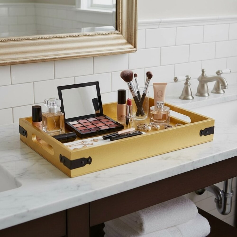 Gold Tray, Serving Tray w Handles, 12" Decorative Wood Candle Tray Handmade NEW